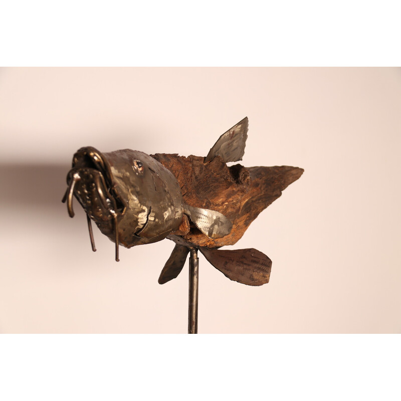 Vintage handcrafted wooden and metal sculpture "Poisson" by artist Louis de Verdal, France