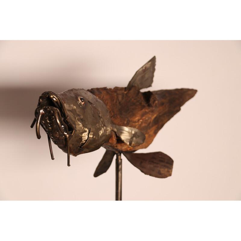 Vintage handcrafted wooden and metal sculpture "Poisson" by artist Louis de Verdal, France