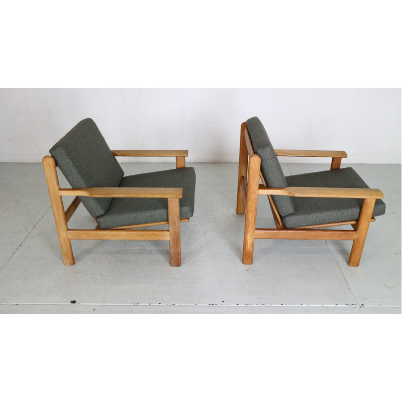 Pair of vintage oakwood and upholstery armchairs by Poul Volther for Frem Røjle, Denmark 1950s