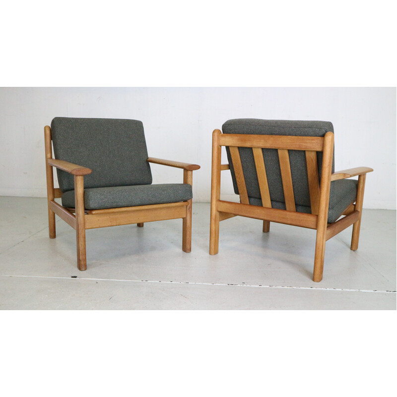 Pair of vintage oakwood and upholstery armchairs by Poul Volther for Frem Røjle, Denmark 1950s