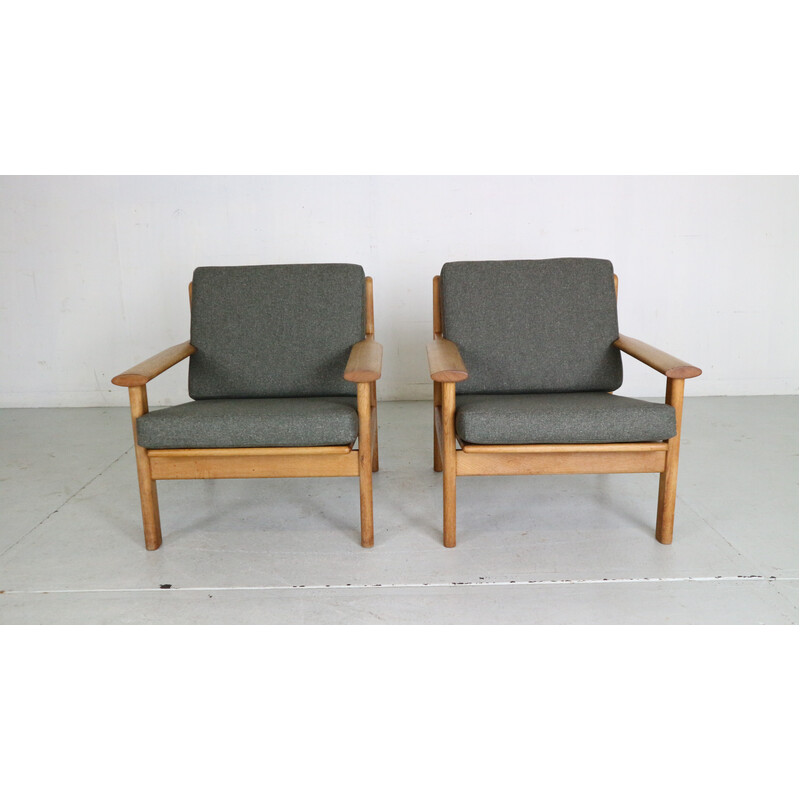 Pair of vintage oakwood and upholstery armchairs by Poul Volther for Frem Røjle, Denmark 1950s