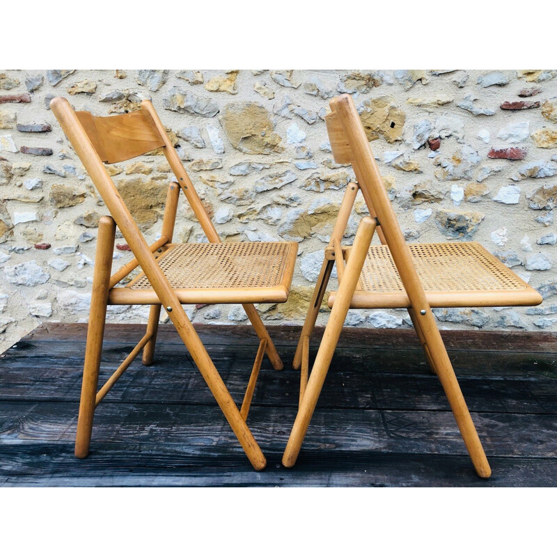 Pair of vintage folding chairs in bentwood and rattan canework for Habitat, 1970-1980