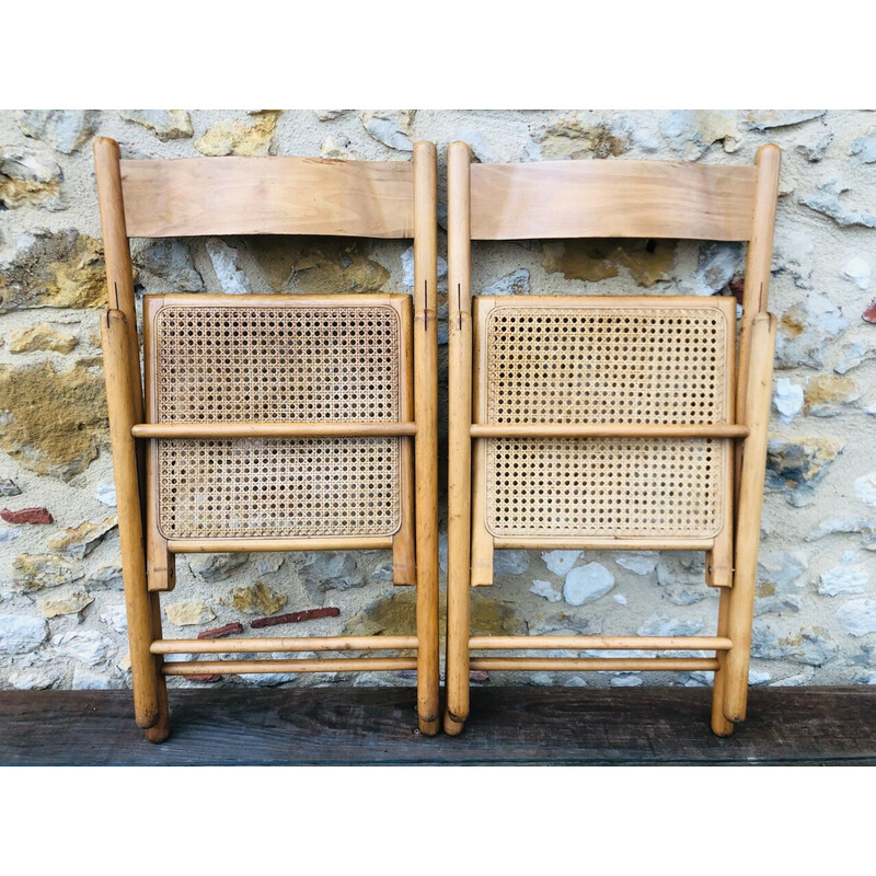 Coppia di sedie pieghevoli vintage in legno curvato e rattan per Habitat, 1970-1980