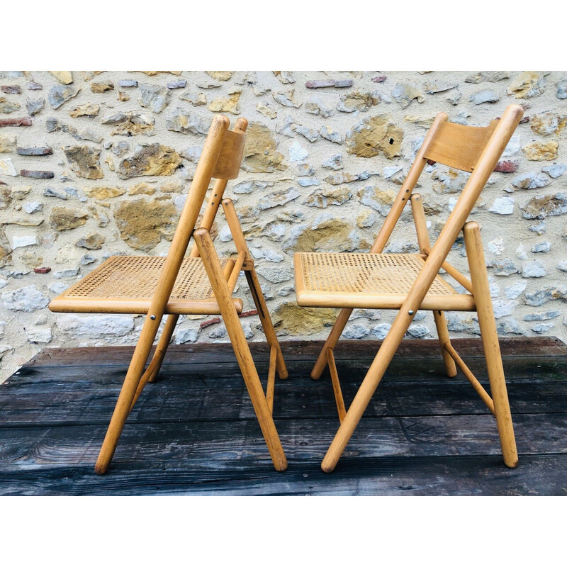 Pair of vintage folding chairs in bentwood and rattan canework for Habitat, 1970-1980