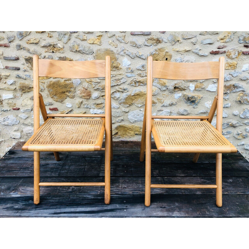 Pair of vintage folding chairs in bentwood and rattan canework for Habitat, 1970-1980
