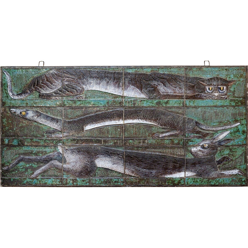 Pannello vintage "Il gatto, la donnola e il coniglietto" in ceramica