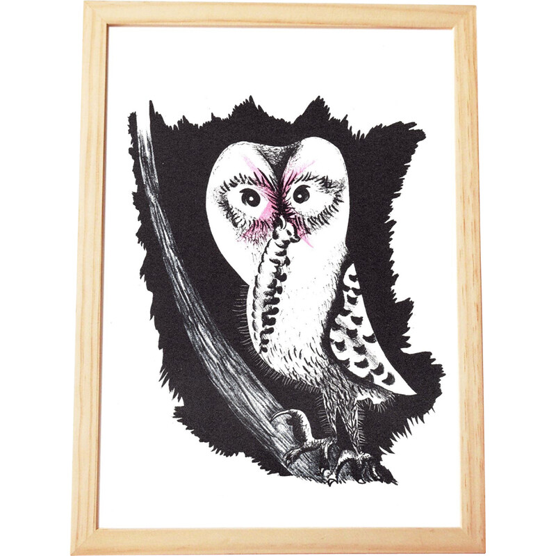 Vintage lithograph "Owl of good hope" by Jean Lurçat, Switzerland 1975