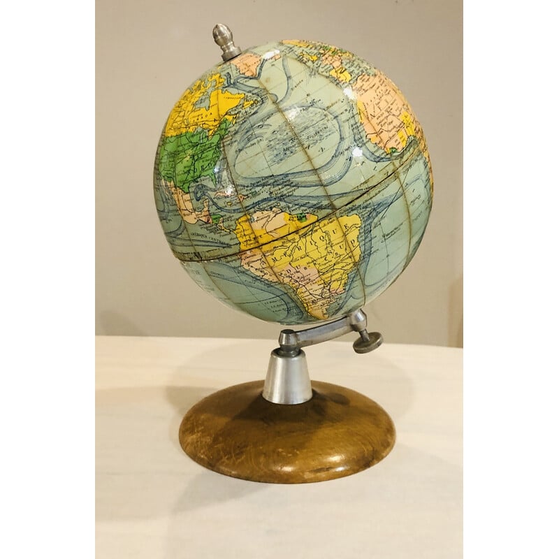 Globe terrestre vintage en carton, aluminium et bois, 1950