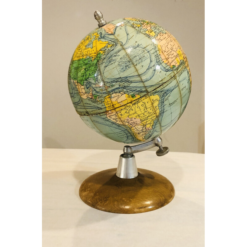 Vintage wereldbol van karton, aluminium en hout, 1950