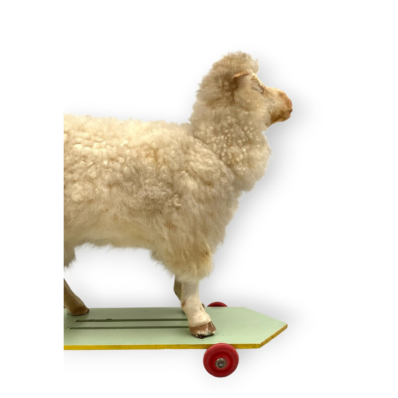 Jouet à rouler les moutons vintage en laine, bois et tissu, Allemagne