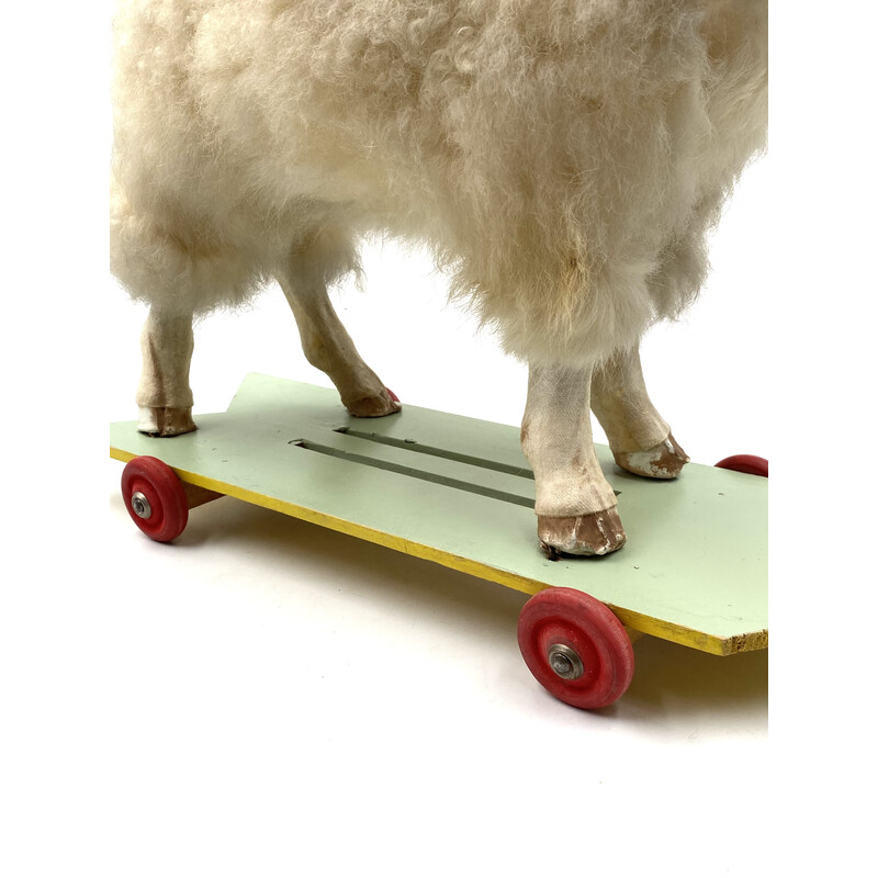 Vintage wool, wood and fabric sheep rolling toy, Germany