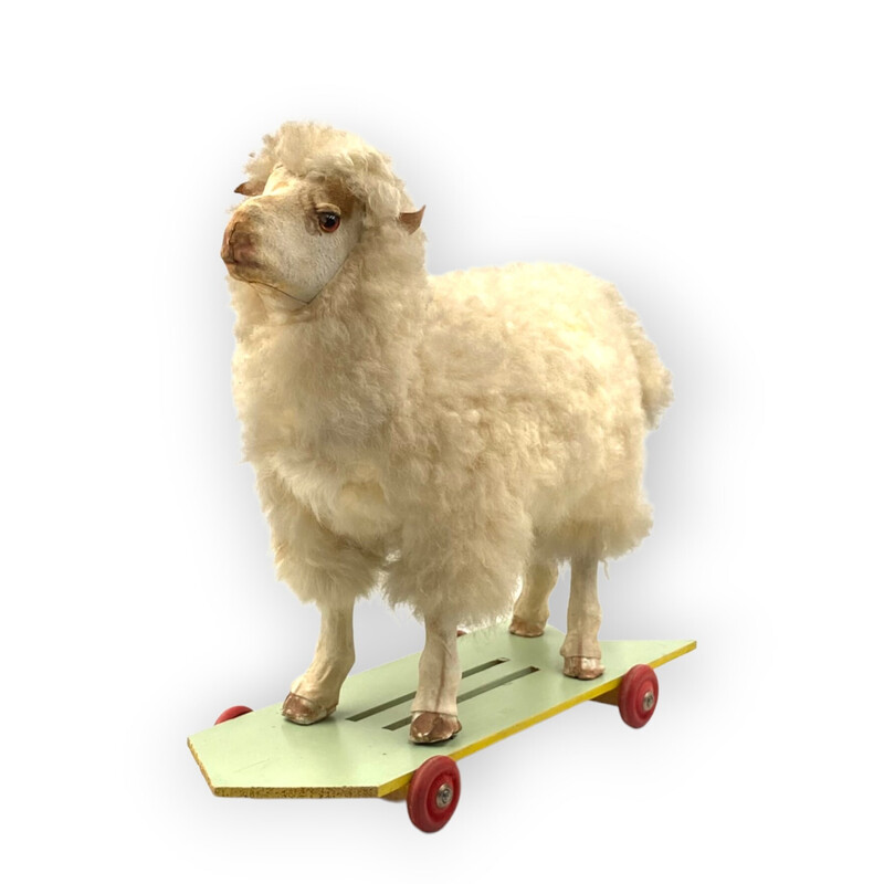 Jouet à rouler les moutons vintage en laine, bois et tissu, Allemagne