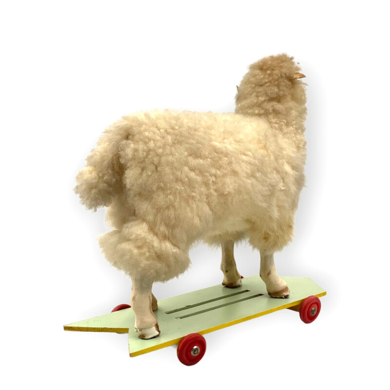 Vintage wool, wood and fabric sheep rolling toy, Germany