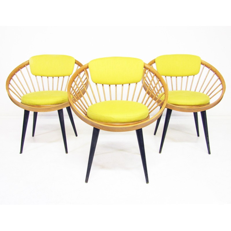 Vintage ronde hoepel en linnen stoelen van Yngve Ekstrom, Zweden 1950
