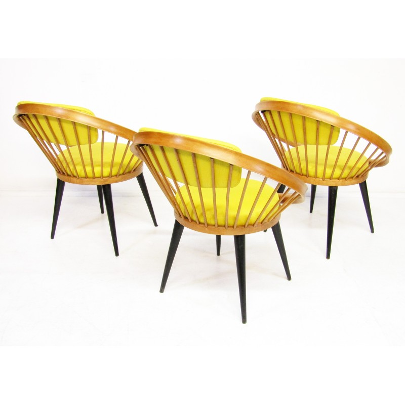 Vintage ronde hoepel en linnen stoelen van Yngve Ekstrom, Zweden 1950