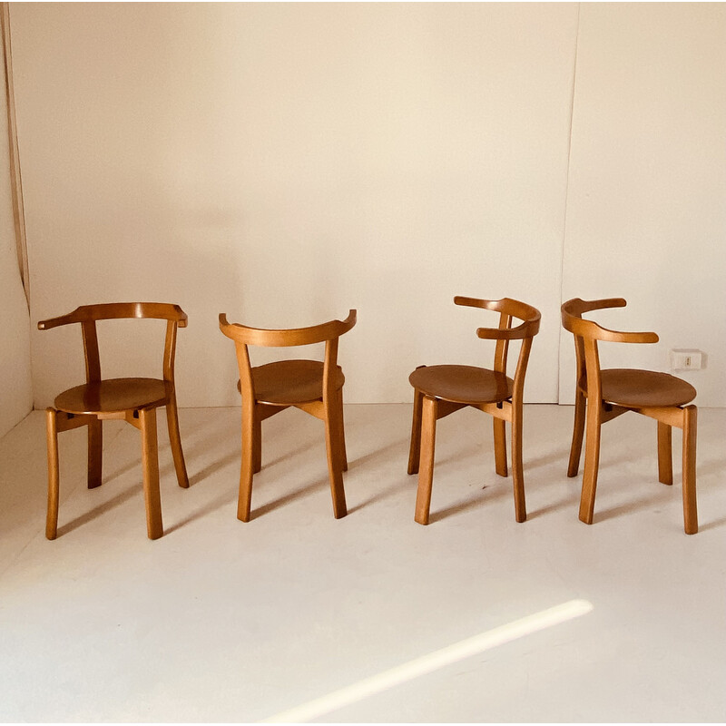 Set van 4 vintage stoelen in massief beukenhout en gebogen hout, Italië 1970