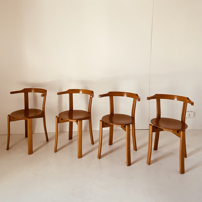 Ensemble de 4 chaises vintage en hêtre massif et bois courbé, Italie 1970