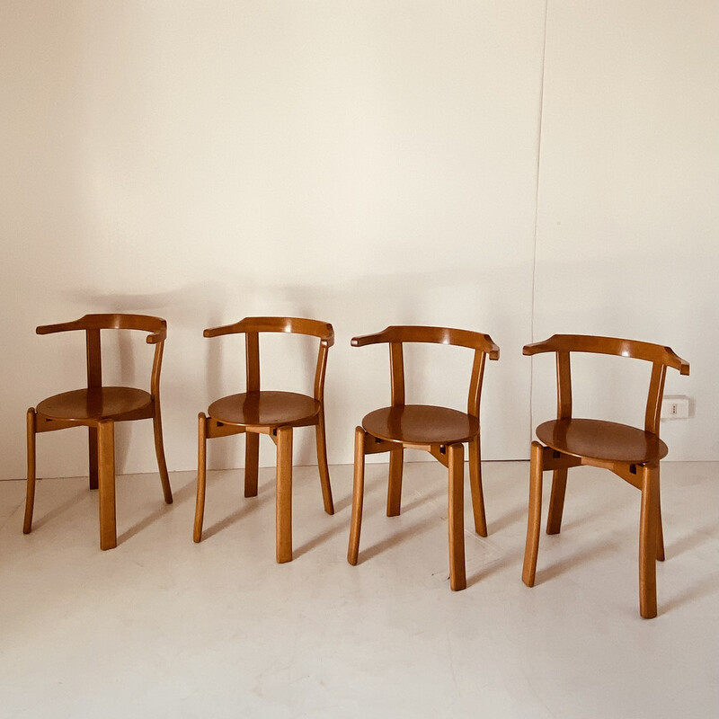 Set of 4 vintage chairs in solid beechwood and bentwood, Italy 1970