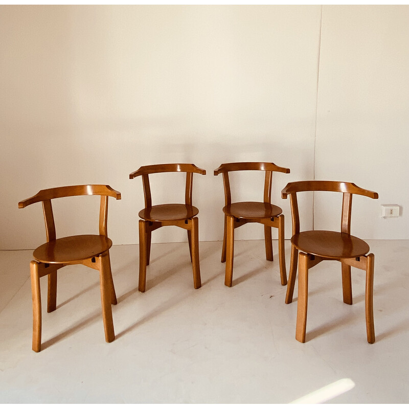 Set of 4 vintage chairs in solid beechwood and bentwood, Italy 1970