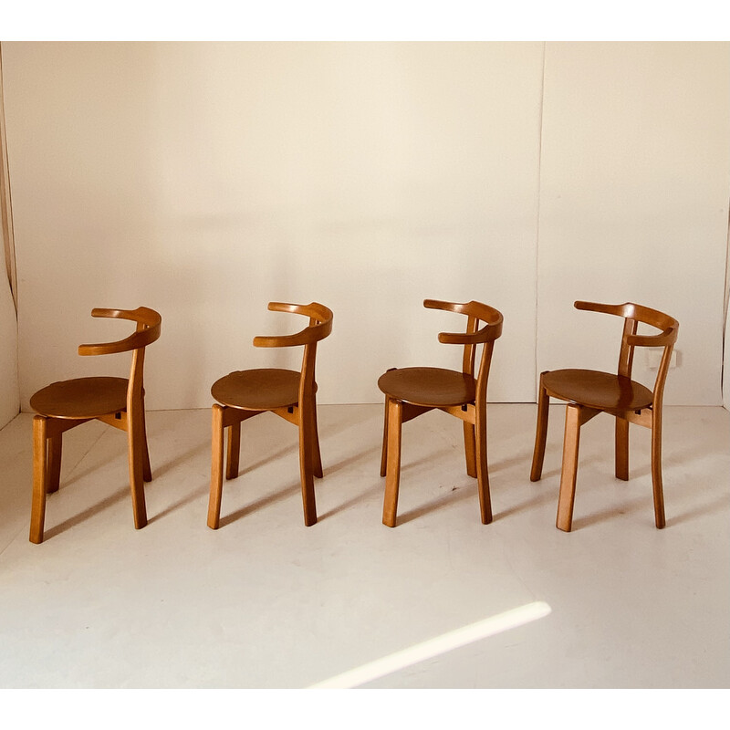 Juego de 4 sillas vintage de haya maciza y madera curvada, Italia 1970