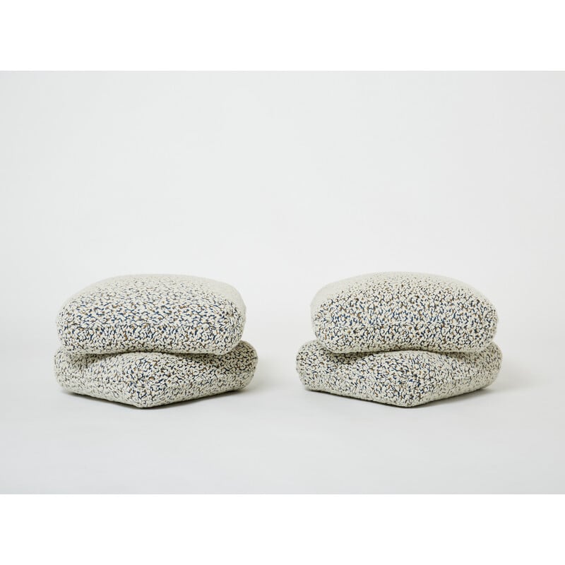 Pair of vintage poufs in virgin wool and alpaca with curls by Jacques Charpentier for Jansen, 1970