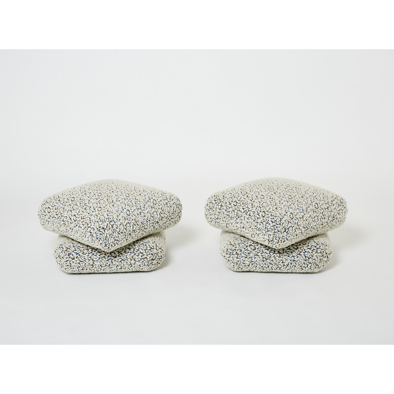 Pair of vintage poufs in virgin wool and alpaca with curls by Jacques Charpentier for Jansen, 1970