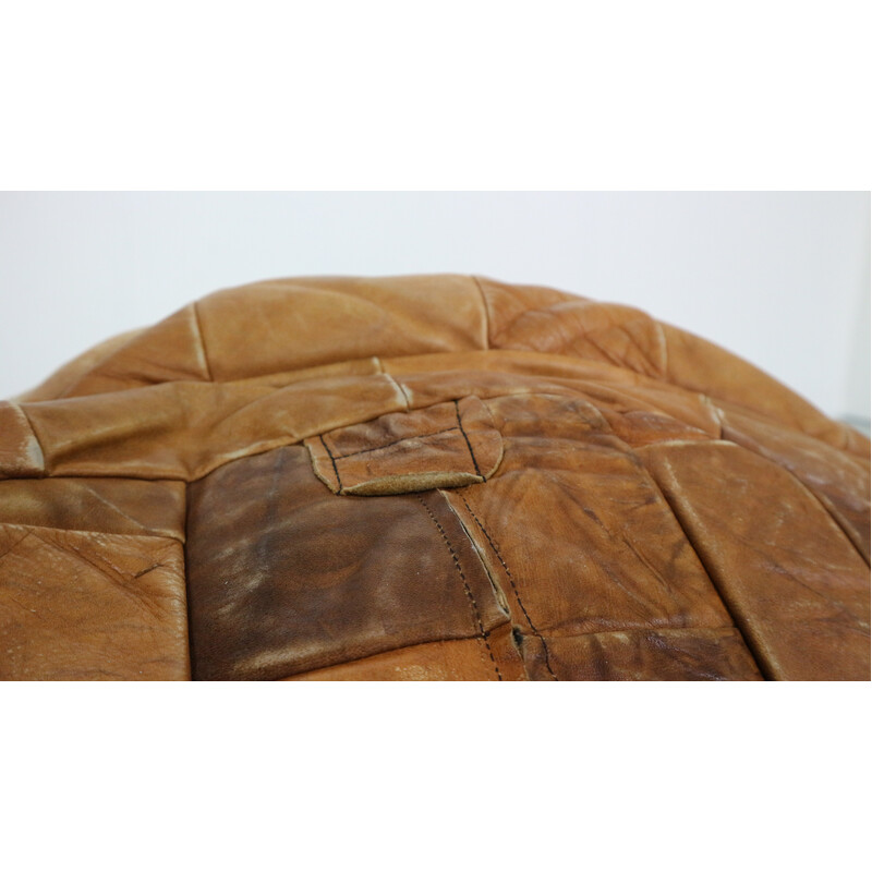 Vintage cognac patchwork leather Bean Bag ottoman by De Sede, Switzerland 1970