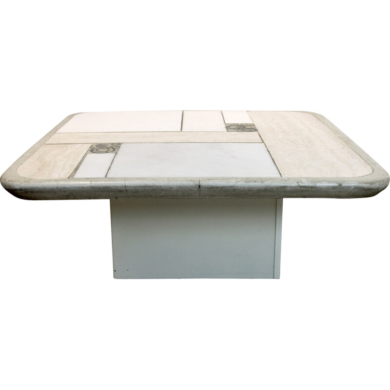 Table basse vintage brutaliste Kingma en marbre blanc et laiton