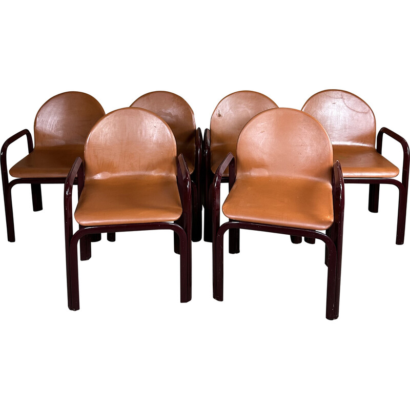 Set van 6 vintage metalen en lederen fauteuils van Gae Aulenti voor Knoll, 1970