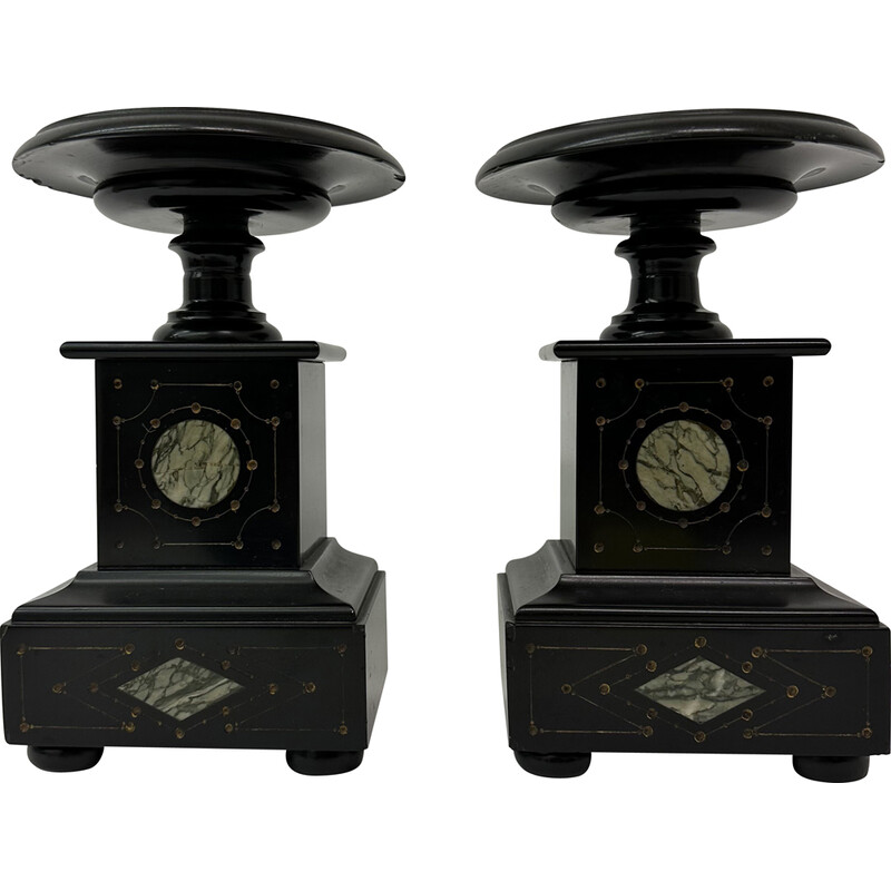 Coppia di candelieri d'epoca in marmo nero, anni '30