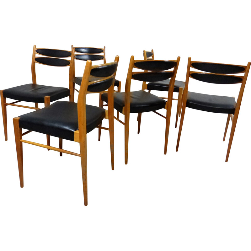 Ensemble de 6 chaises vintage en hêtre et cuir noir, 1960