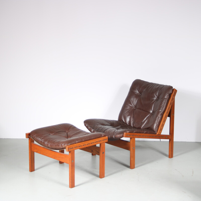 Fauteuil vintage "Hunting chair" avec ottoman par Torbjorn Afdal pour Bruksbo, Norvège 1960