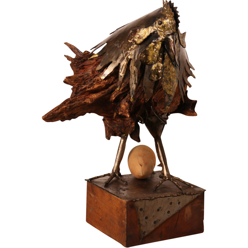 Escultura artesanal vintage de madera y metal "Oeuf Coq" del artista Louis de Verdal, Francia