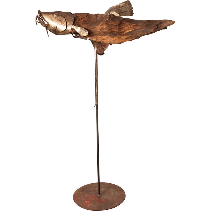 Escultura artesanal de madeira e metal vintage "Poisson" do artista Louis de Verdal, França