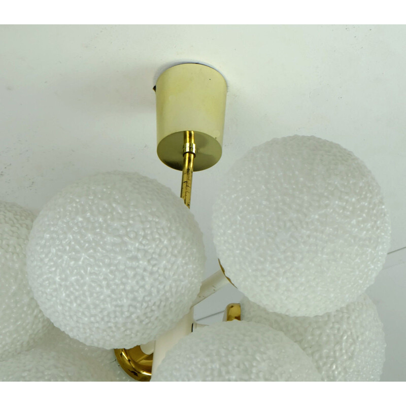 Snowball Sputnik chandelier in white glass and brass- 1960s