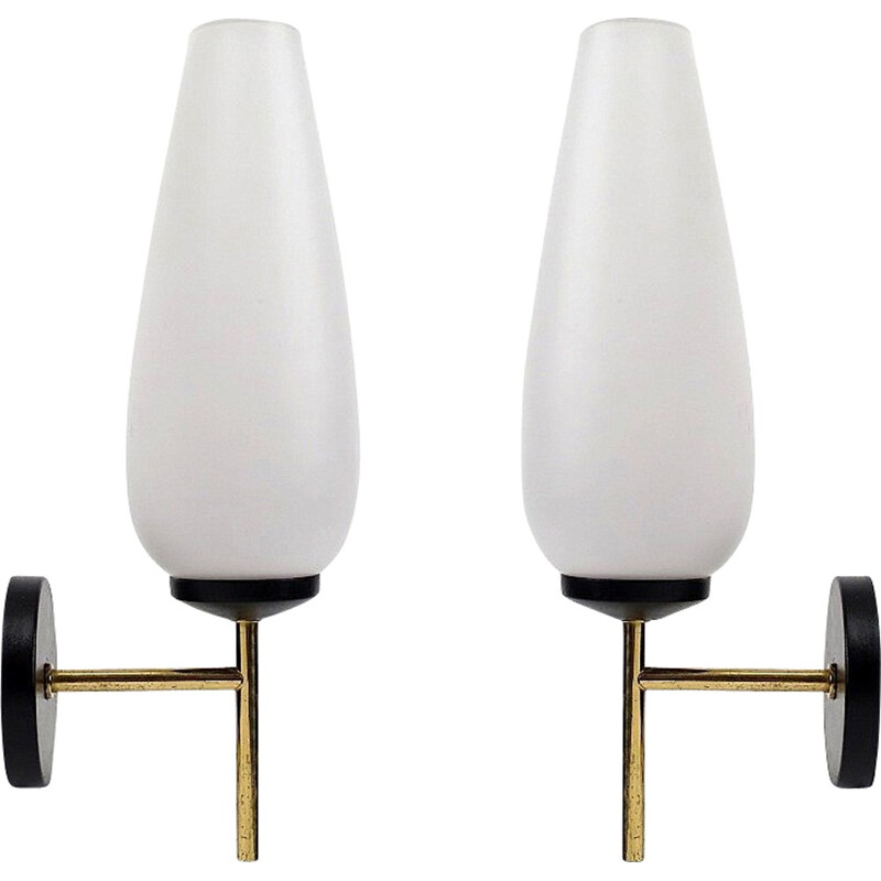 Pair of opaline and brass wall lights - 1950