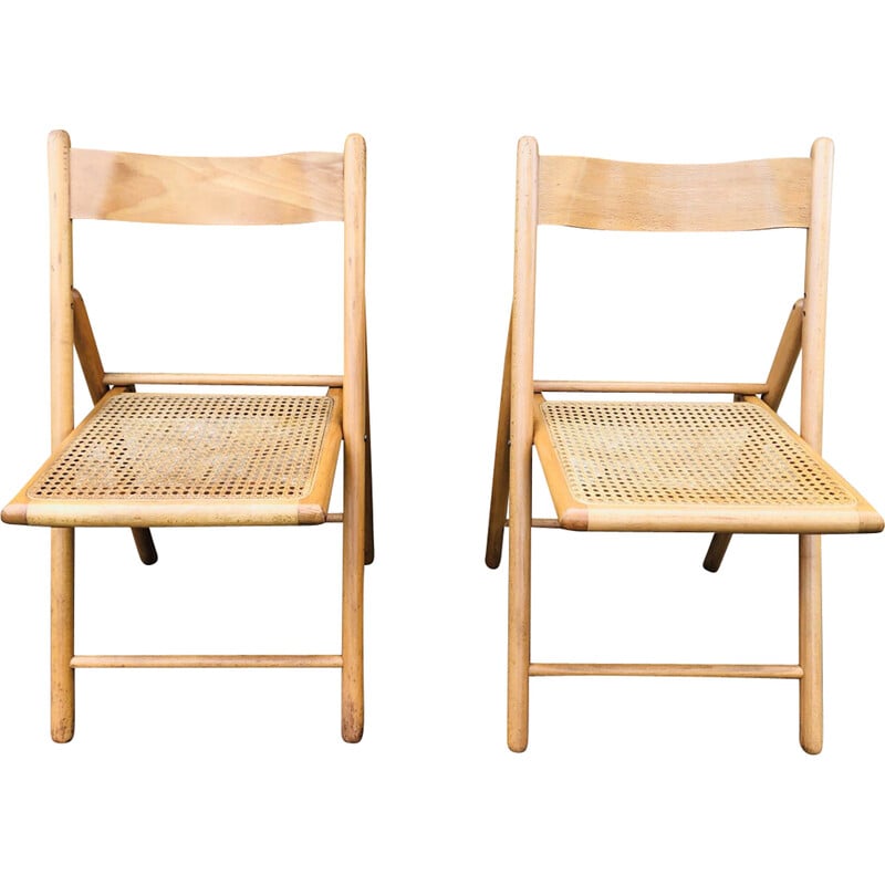 Pair of vintage folding chairs in bentwood and rattan canework for Habitat, 1970-1980