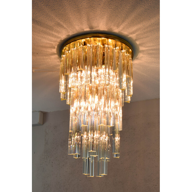 Vintage glass and brass waterfall chandelier by Venini, Italy