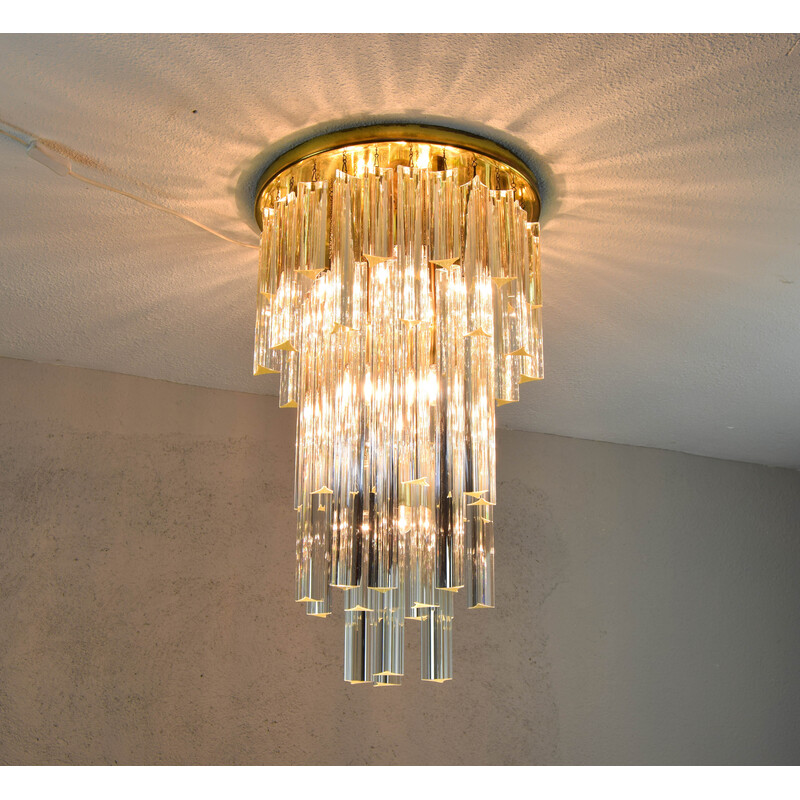 Vintage glass and brass waterfall chandelier by Venini, Italy