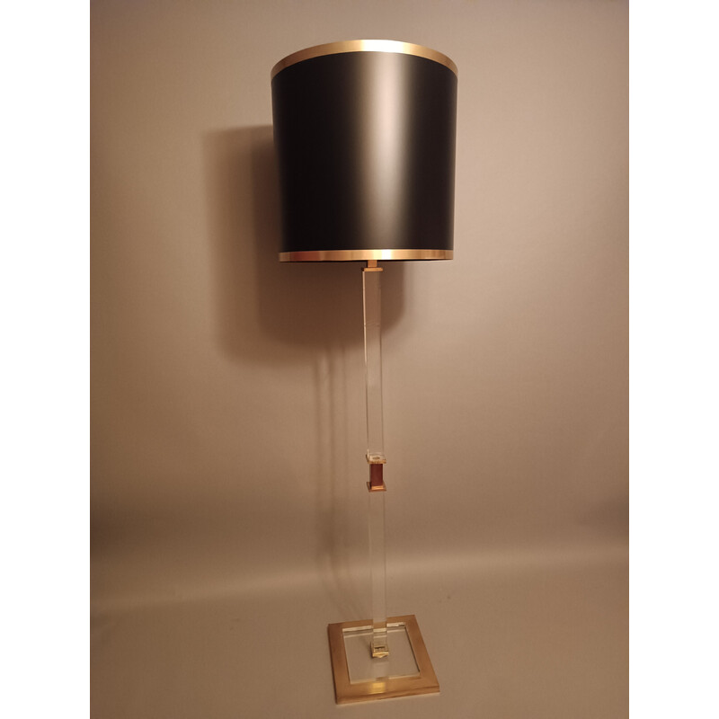 Lámpara de pie vintage de plexiglás y bronce, 1970-1980