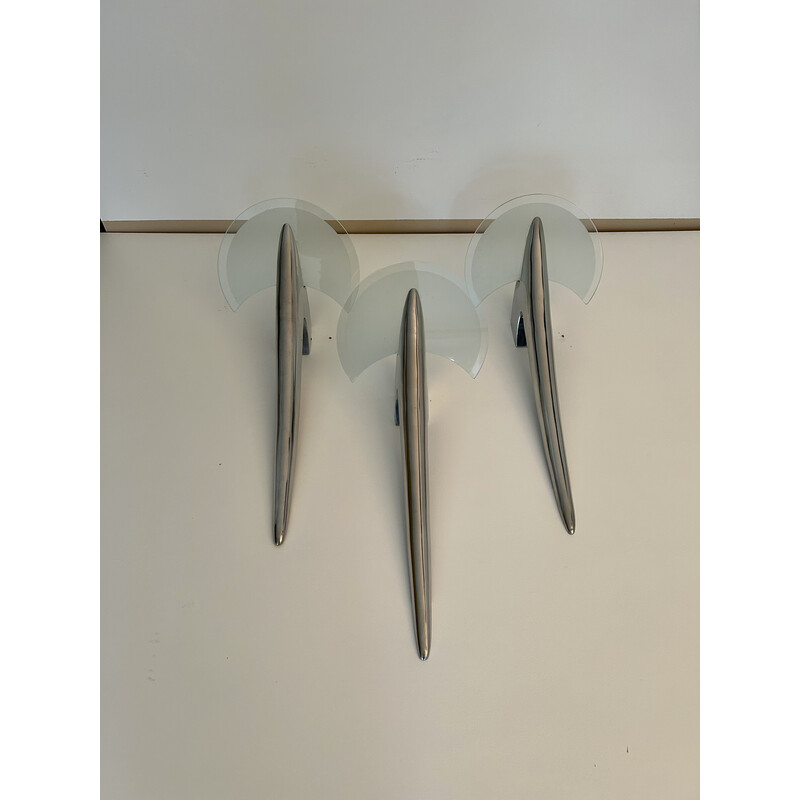 Set di 3 applique vintage in metallo cromato e vetro sabbiato, modello Alien di Joan Augé, 1980