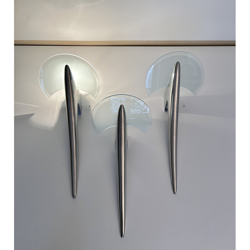 Conjunto de 3 arandelas vintage em metal cromado e vidro areado, modelo Alien por Joan Augé, 1980