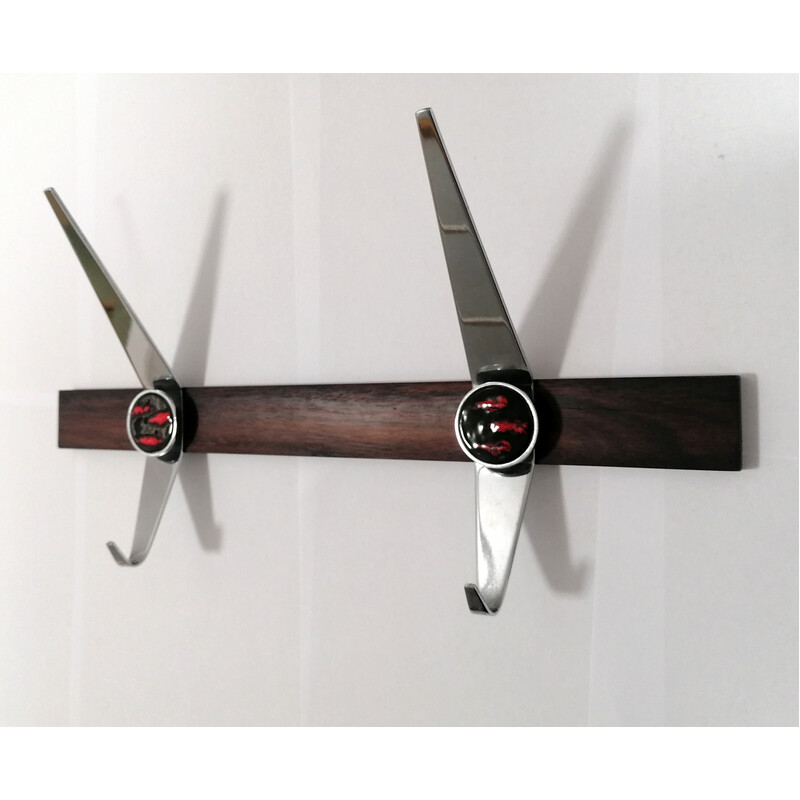 Vintage teak, ceramic and chrome plated coat rack