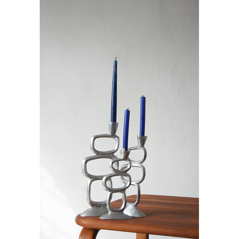 Juego de 3 candelabros modernistas vintage de aluminio, años 80