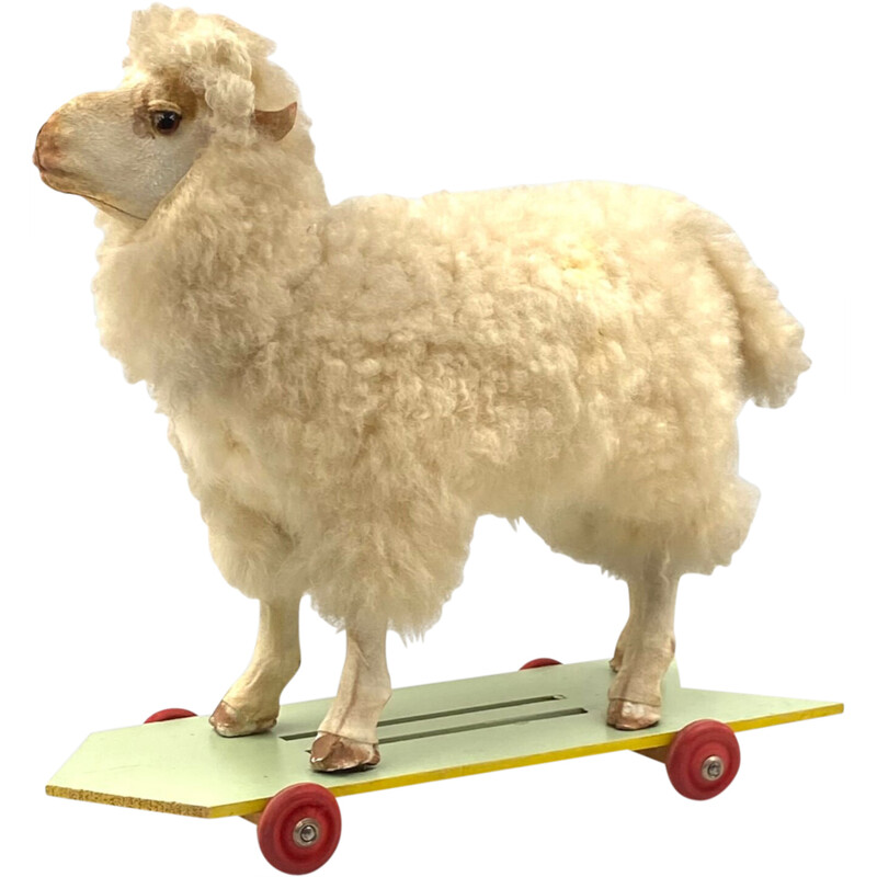 Vintage wool, wood and fabric sheep rolling toy, Germany
