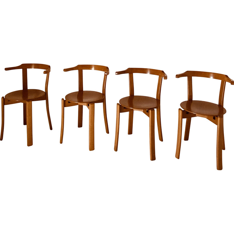 Ensemble de 4 chaises vintage en hêtre massif et bois courbé, Italie 1970