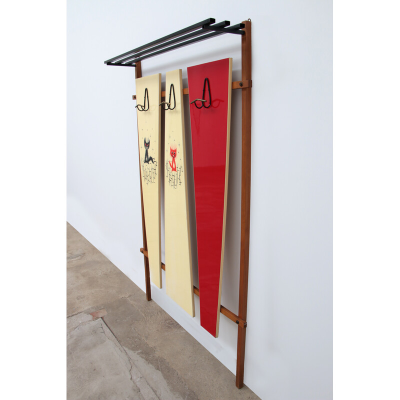 Vintage wood and metal wall coat rack, Italy 1960s