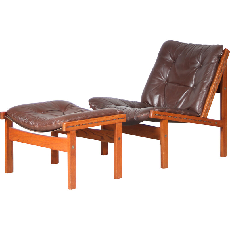 Vintage "Jachtstoel" fauteuil met voetenbankje van Torbjorn Afdal voor Bruksbo, Noorwegen 1960