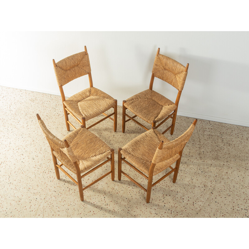 Set of 4 vintage oak and raffia chairs, Denmark