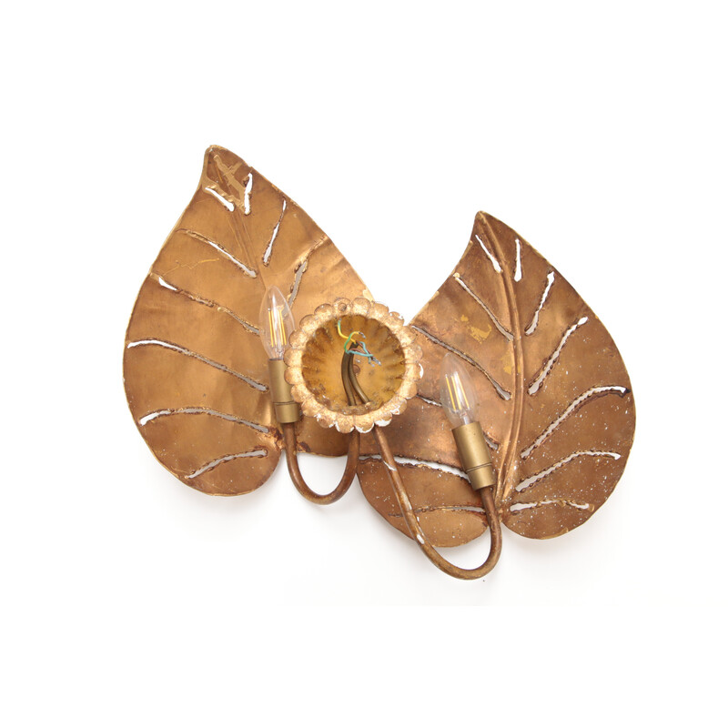 Vintage wall lamp with golden tropical leaves, Italy 1970